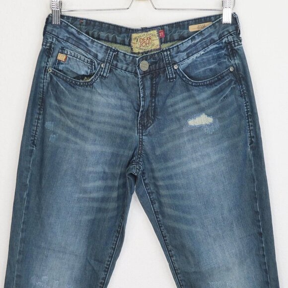 Dear John Womens 27 Jesse Boyfriend Distressed Roll Cuff Hem Denim Blue Jeans - Picture 2 of 12